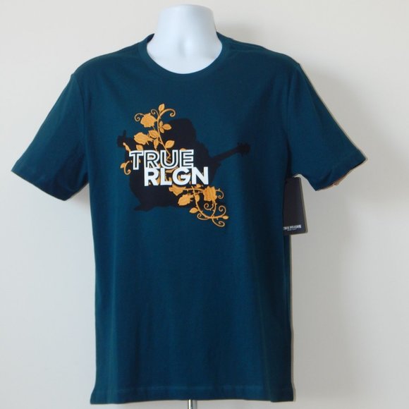 NWT MEN TRUE RELIGION Embroidered Vines Graphic Deep Turquoise T Shirt - Picture 2 of 4